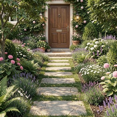 a garden path of stepping stones to a door