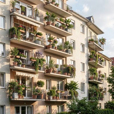 a block of flats with balconies and plants