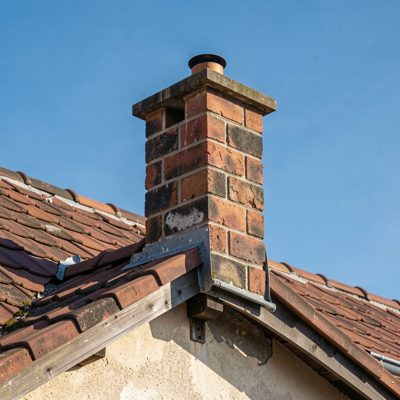 a chimney and roofline against a blue sky
