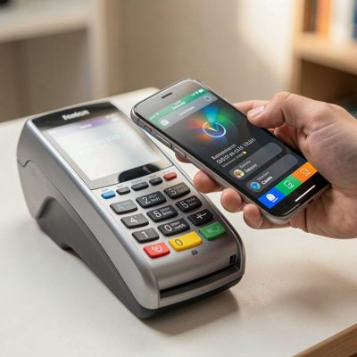 a card payment terminal being tapped with a phone