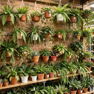 a wall of hanging plants in a garden shop
