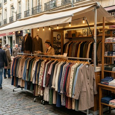 a market stall with vintage clothing on rails