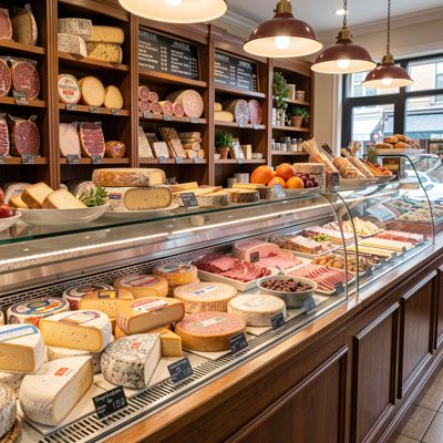 a delicatessen counter with cheeses and cured meats