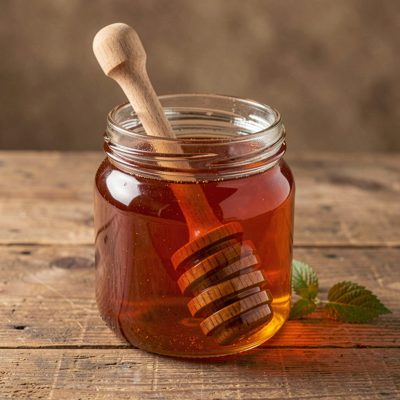 a jar of honey with a wooden dipper