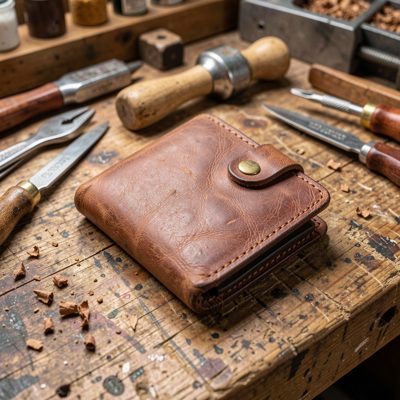 a handmade leather wallet on a workbench