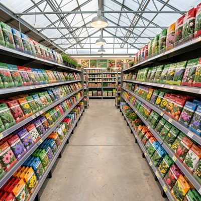 a garden centre aisle with seed packets
