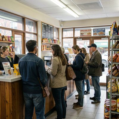 a queue at a small shop counter