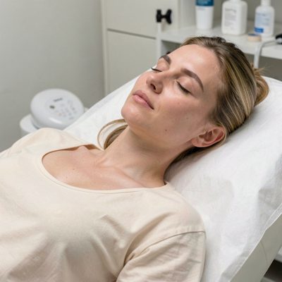 a client lying on a treatment couch with eyes closed
