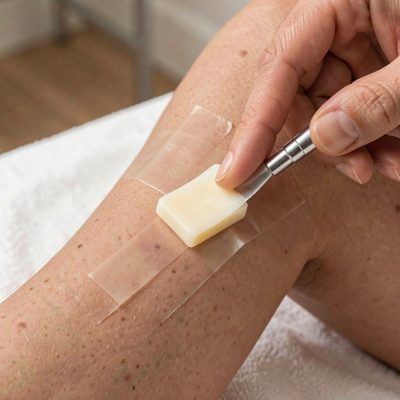 a wax strip being pressed onto a leg