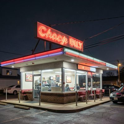 a diner with a neon sign against a dark sky
