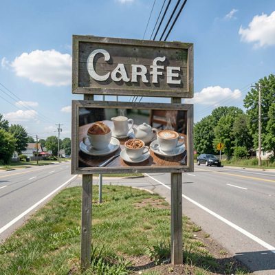 a roadside sign advertising a cafe ahead