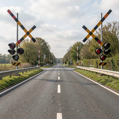 a level crossing with signals on an empty road