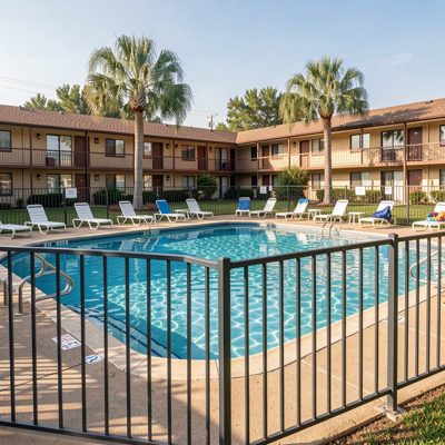 a motel swimming pool surrounded by a low fence