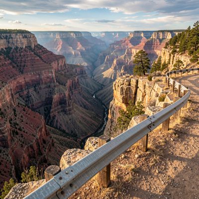 a canyon overlook with a guard rail