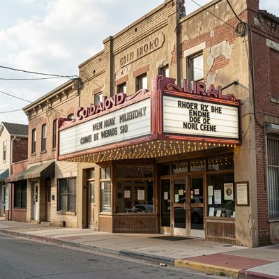 an old cinema with a marquee in a small town