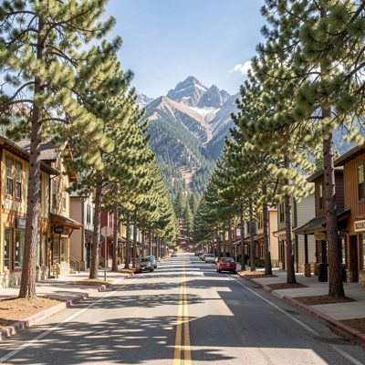 a mountain town street lined with pines
