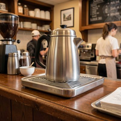 a diner counter with a coffee pot on a warmer