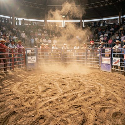 a rodeo arena with dust hanging in the air