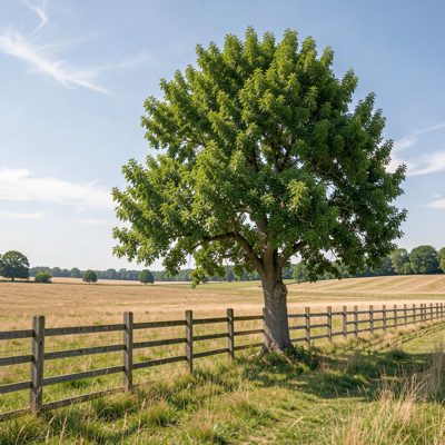 a lone tree beside a fence in open country