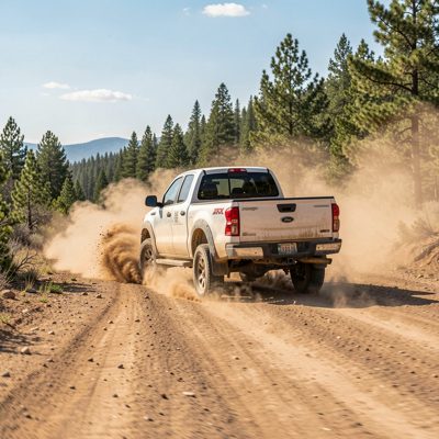a pickup on a dirt road trailing dust