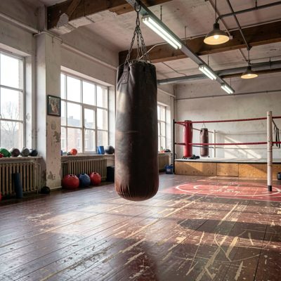 a boxing gym with a heavy bag and worn floor