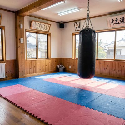 a martial arts dojo with mats and a punchbag