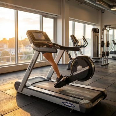 a treadmill row in an empty gym at dawn