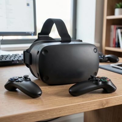 a vr headset resting on a desk with controllers beside it