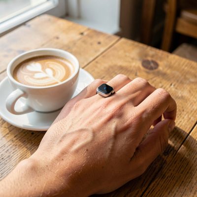 a smart ring on a finger beside a coffee cup