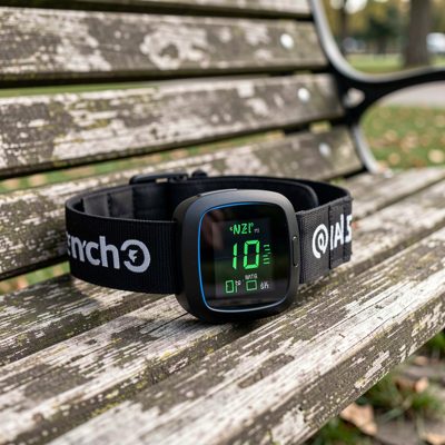 a chest strap heart rate monitor on a bench