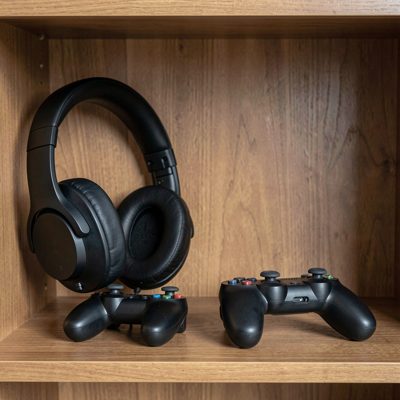 a headset and controllers arranged on a shelf
