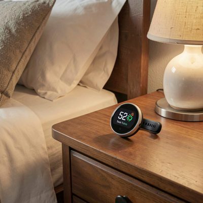 a sleep tracking wearable on a bedside table