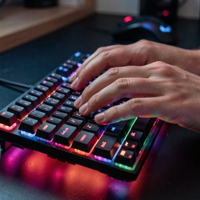 hands typing on a mechanical keyboard lit from the side