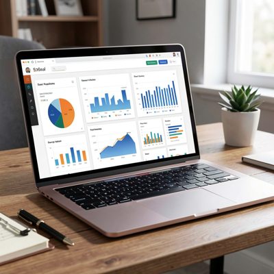 a laptop on a desk showing charts and dashboards