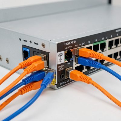 a network switch with patch cables in orange and blue