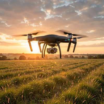a drone hovering above a field at golden hour