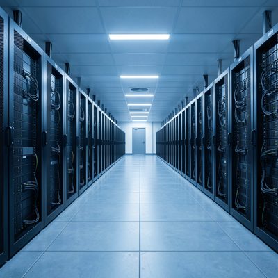 a raised floor data centre aisle lit in cold blue