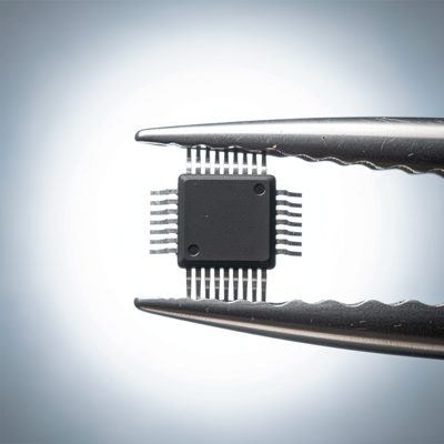 a microchip held between tweezers under bright light