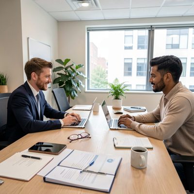 an office with two people pair programming at one desk