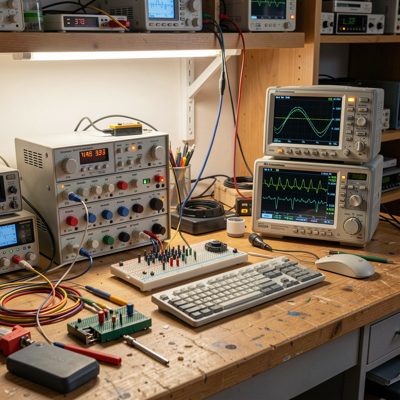 a workbench with test equipment and an oscilloscope