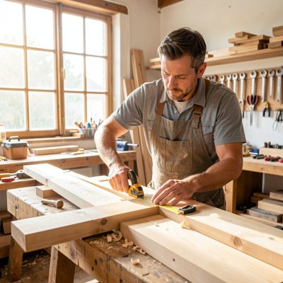 a carpenter measuring timber in a bright workshop