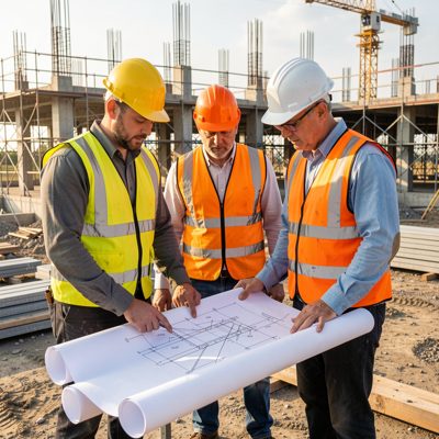 construction workers reviewing plans on a building site