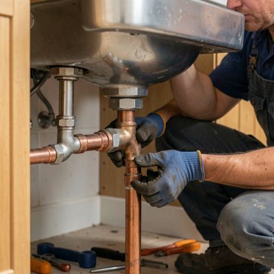 a plumber fitting copper pipe under a sink