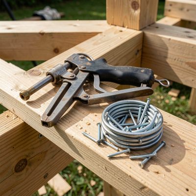 a nail gun and coil of nails on a timber frame