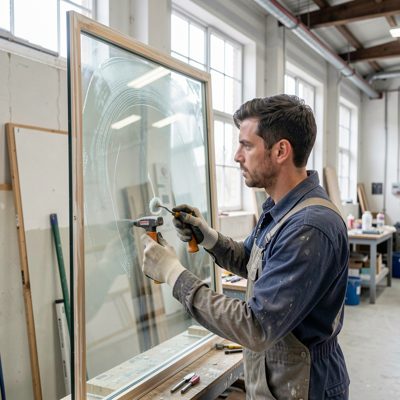 a glazier fitting a large pane of glass