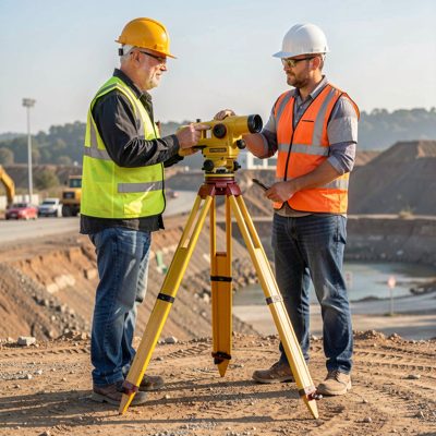 a surveyor with a tripod and level on site