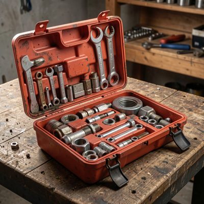 a plumber's toolbox open with fittings inside