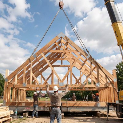 a roof truss being lifted into place