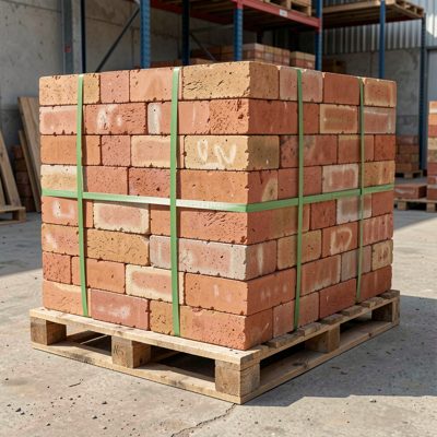 a stack of bricks banded on a pallet