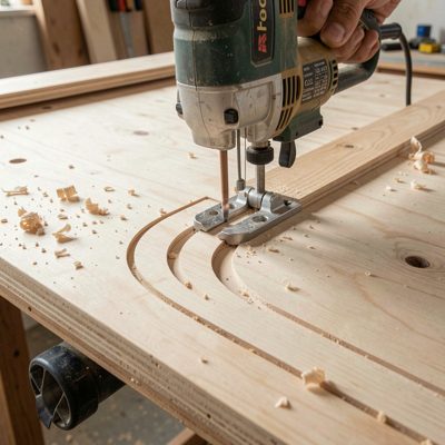 a jigsaw cutting a curve in plywood